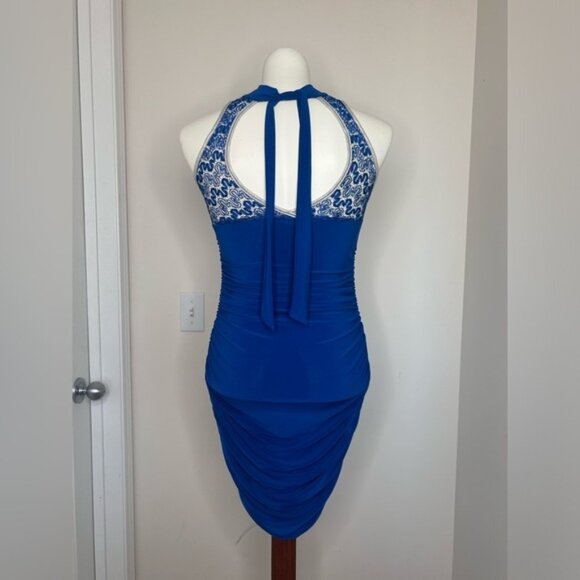 Royal Blue Lace Halter Bodycon Mini Dress Ruched Cocktail Party - Picture 4 of 6